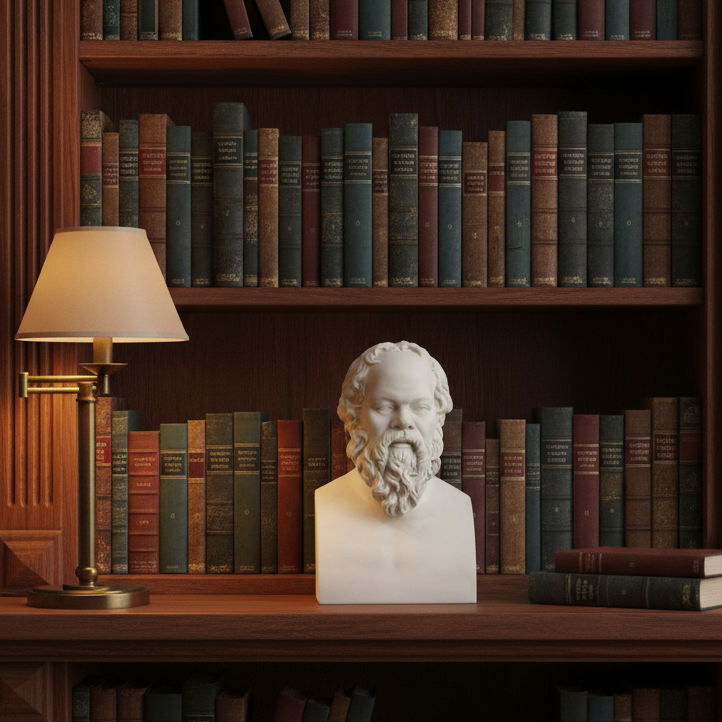 Bust of a philosopher on a wooden shelf with books and a lamp in a library setting