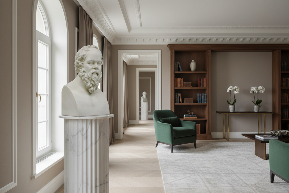 Stately room with classical bust, bookshelf, and green armchair.