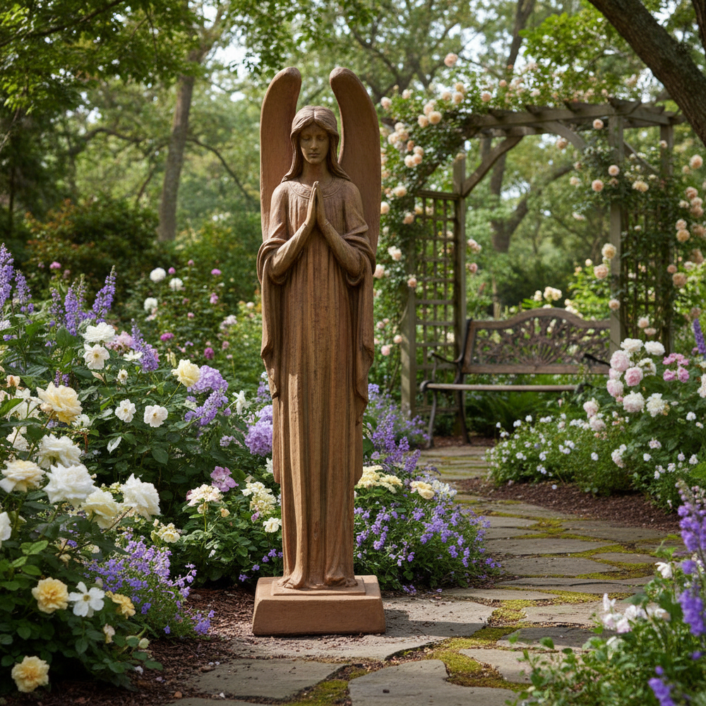 Statue of an angel in a garden with flowers and a bench