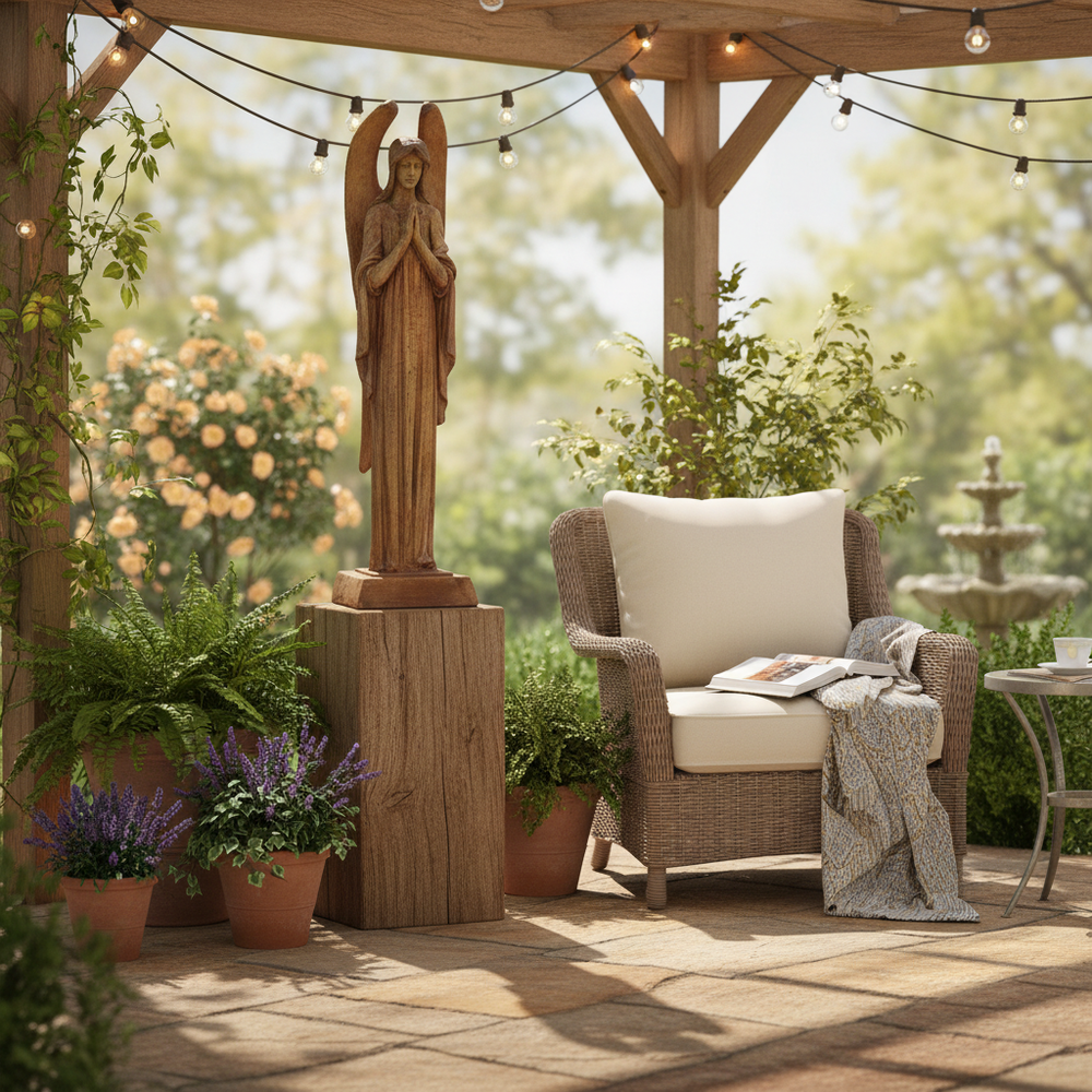 Outdoor patio with wicker chair, statue, and potted plants