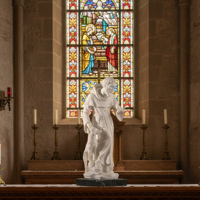 A white marble-style statue of Saint Anthony on a dark base, displayed on an altar in front of a large stained glass window with candles on both sides.