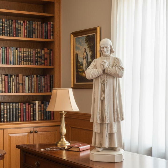 Library with wooden bookshelves, a statue, and a lamp.