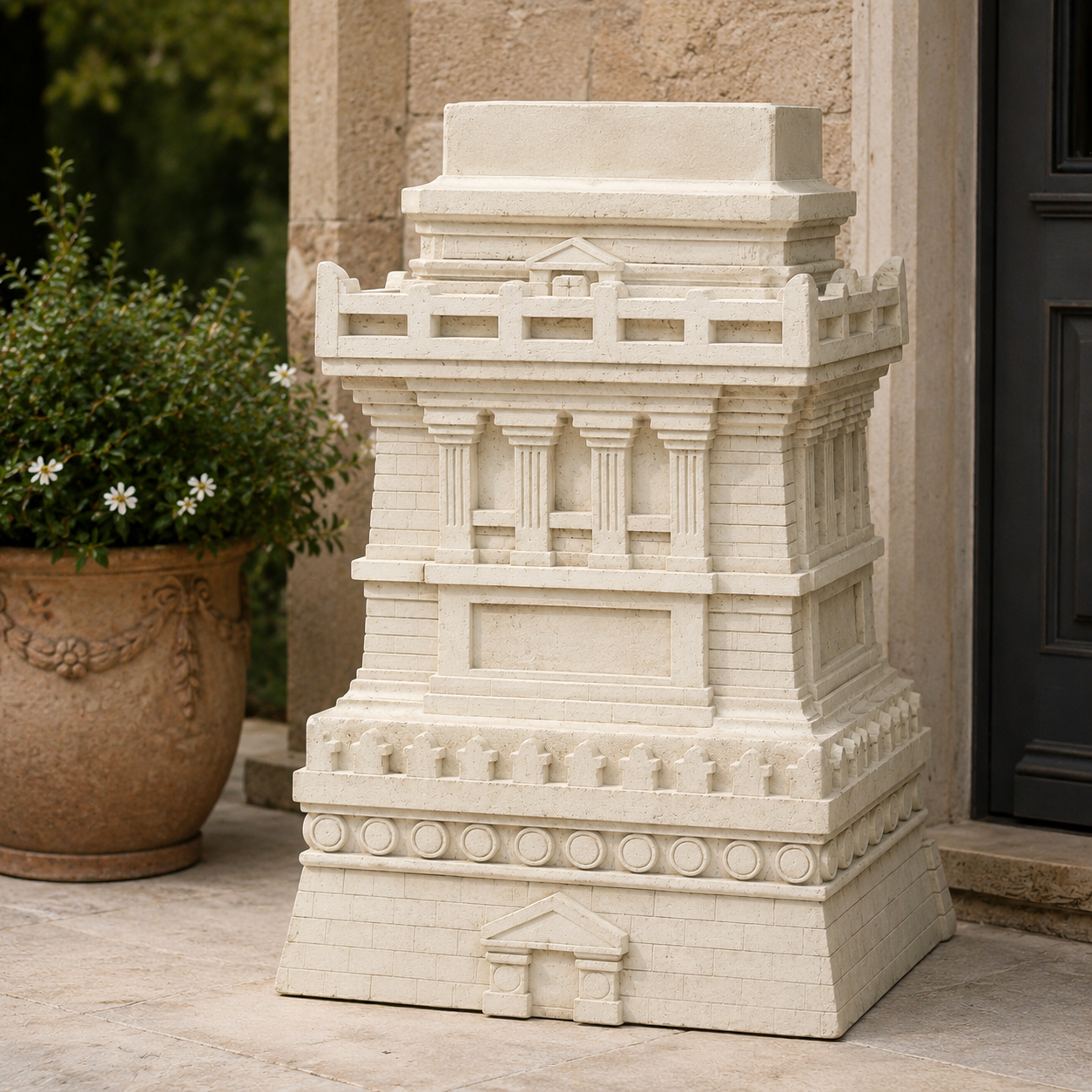 Decorative stone pedestal with architectural design outdoors