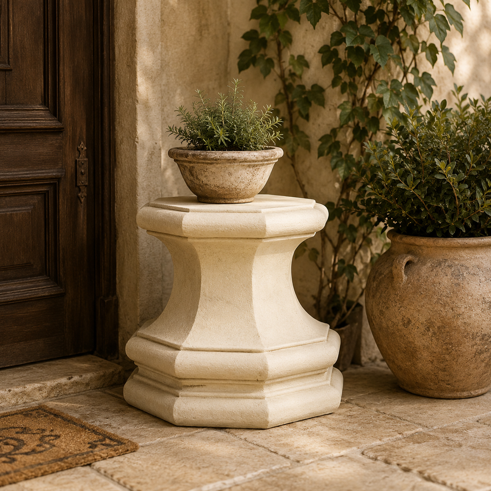 Decorative stone pedestal with a potted plant on a stone patio.