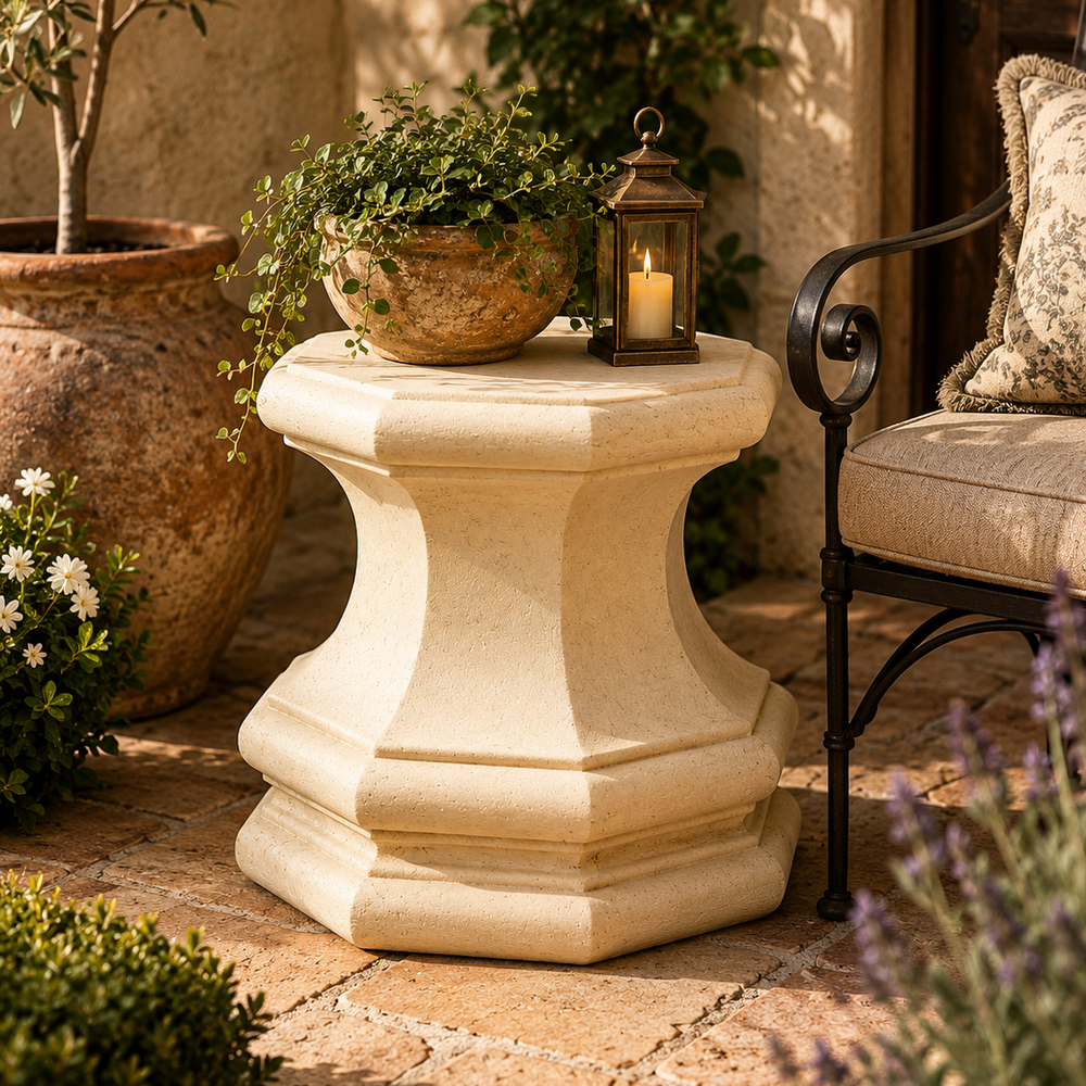 Decorative stone table with potted plants and a candle lantern on a patio.