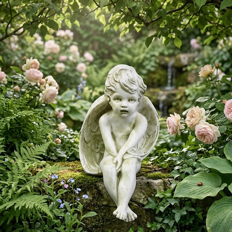 Statue of an angel sitting among flowers and greenery