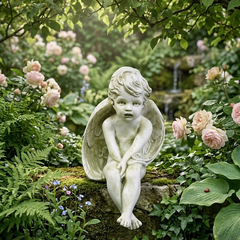 Statue of an angel sitting among flowers and greenery