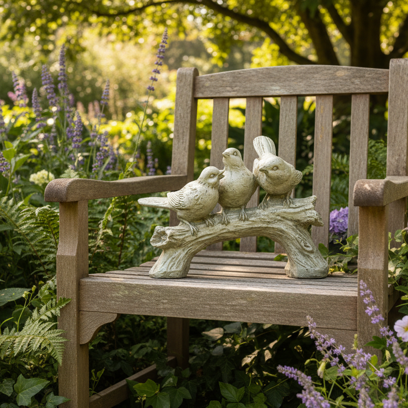 Wooden bench with bird sculpture in a garden setting