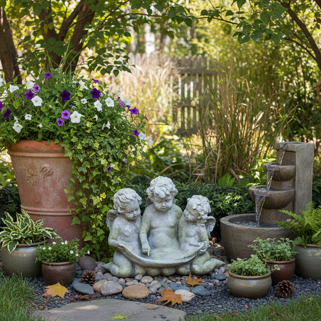 Three Cherub Birdfeeder Sculpture White Moss Garden