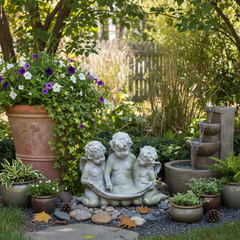 Three Cherub Birdfeeder Sculpture White Moss Garden