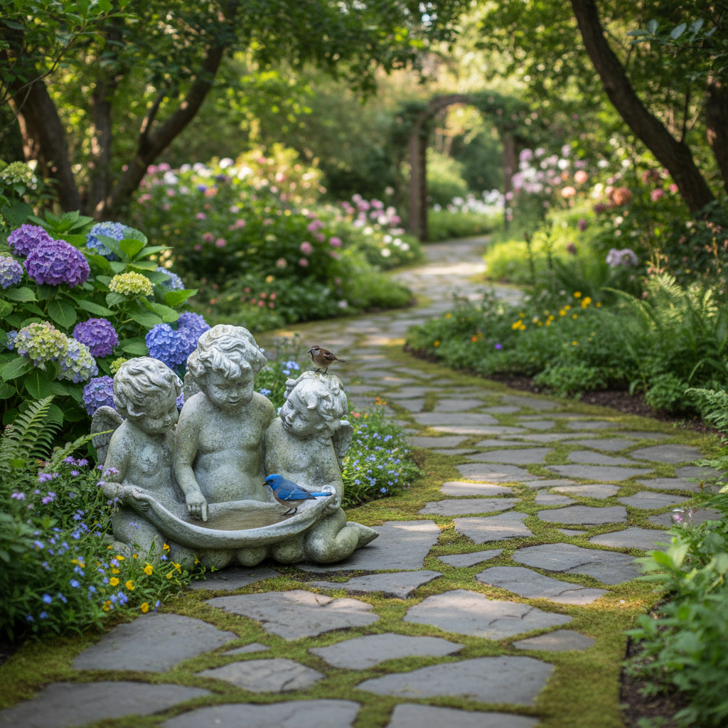 Three Cherub Birdfeeder Sculpture White Moss Garden