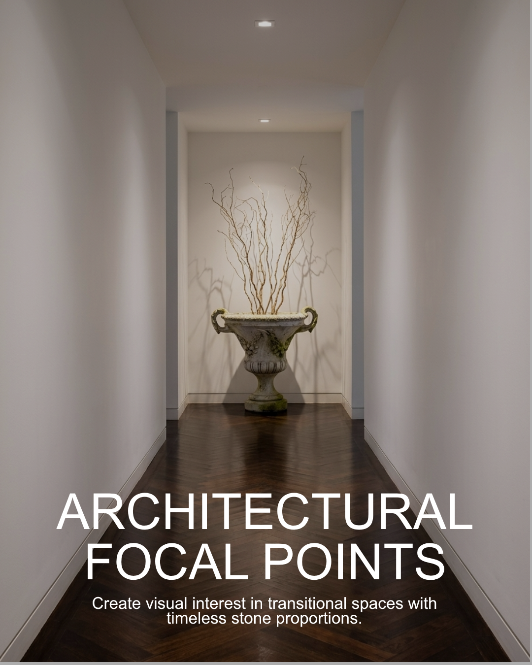 Long hallway with decorative vase and text about architectural focal points
