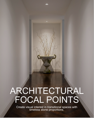 Long hallway with decorative vase and text about architectural focal points