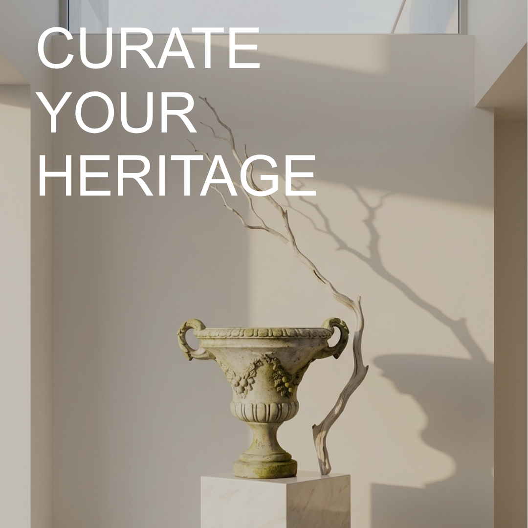 Decorative urn on a pedestal with branches against a neutral wall, text 'Curate Your Heritage' displayed.
