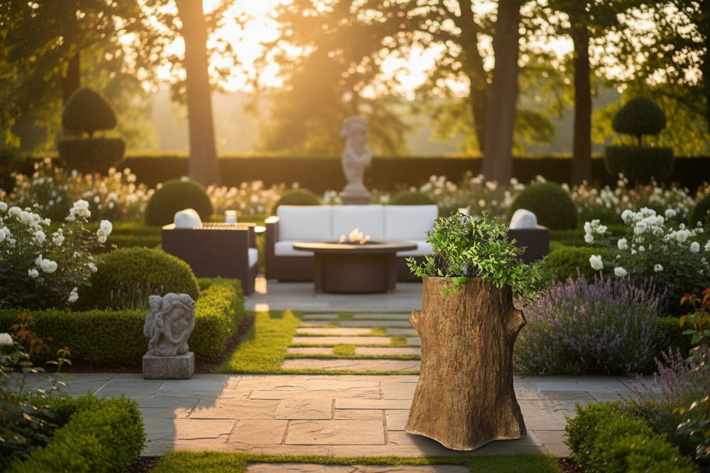 Outdoor garden setting with a fire pit, seating area, and decorative elements.
