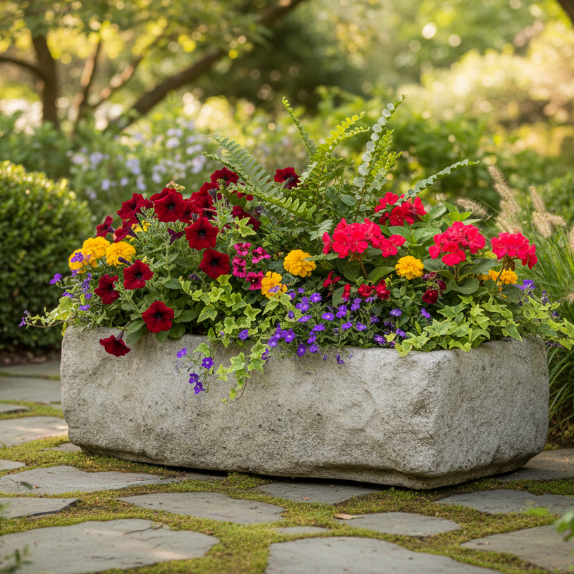 Colorful flower arrangement in a stone planter surrounded by greenery Trough Doolin 10" — Planter Sculpture