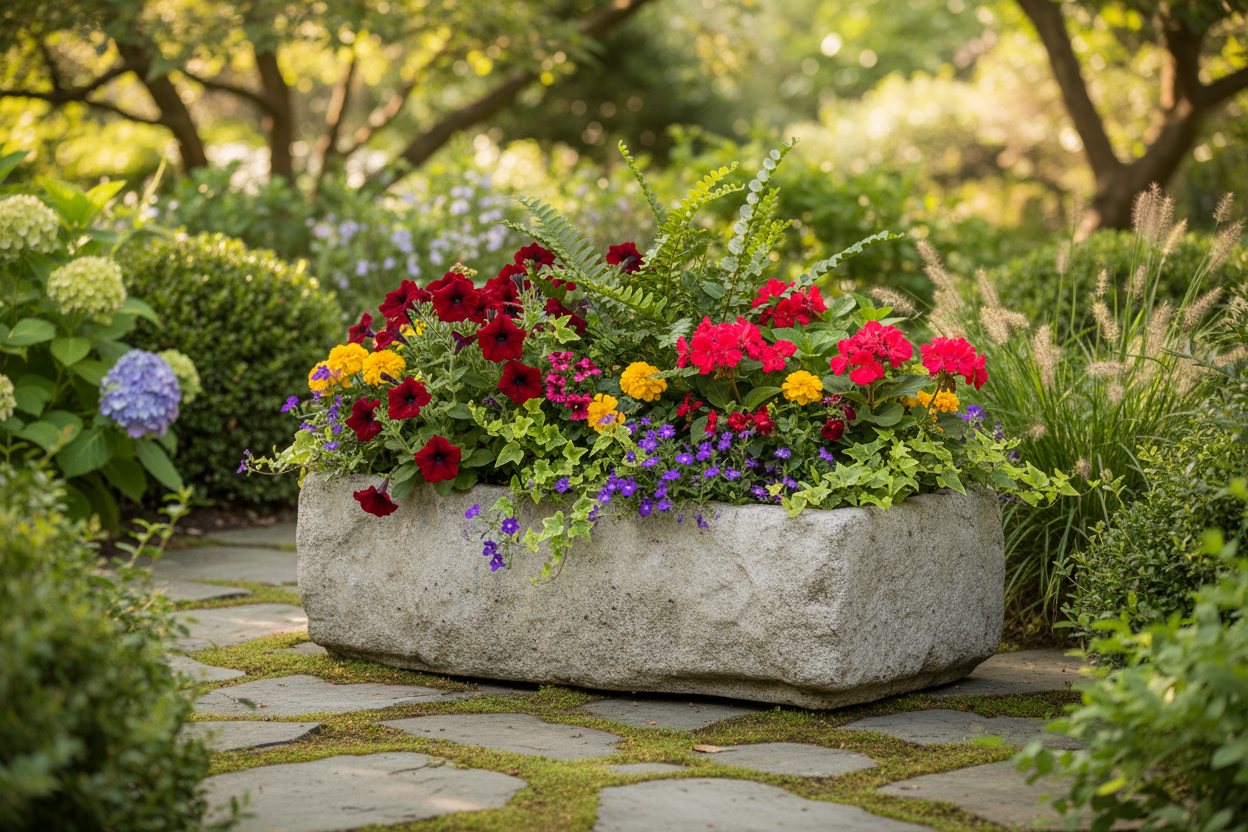 Colorful flower arrangement in a stone planter surrounded by greenery