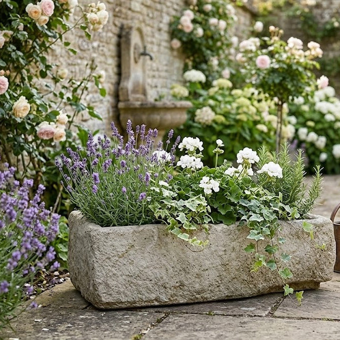 Garden scene with stone planter, flowers, and watering can in a picturesque setting.