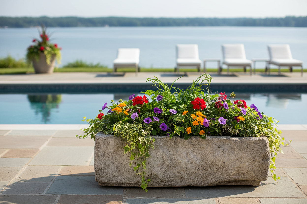 Floral arrangement in a stone planter by a pool with lounge chairs and a lake view.