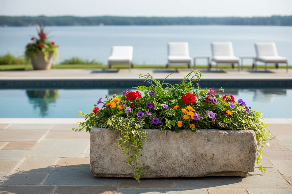 Floral arrangement in a stone planter by a pool with lounge chairs and a lake view.
