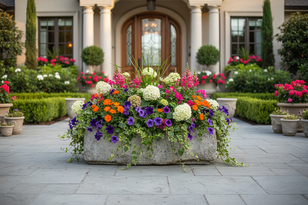 Colorful flower arrangement in a stone planter in front of a building with columns and decorative plants.