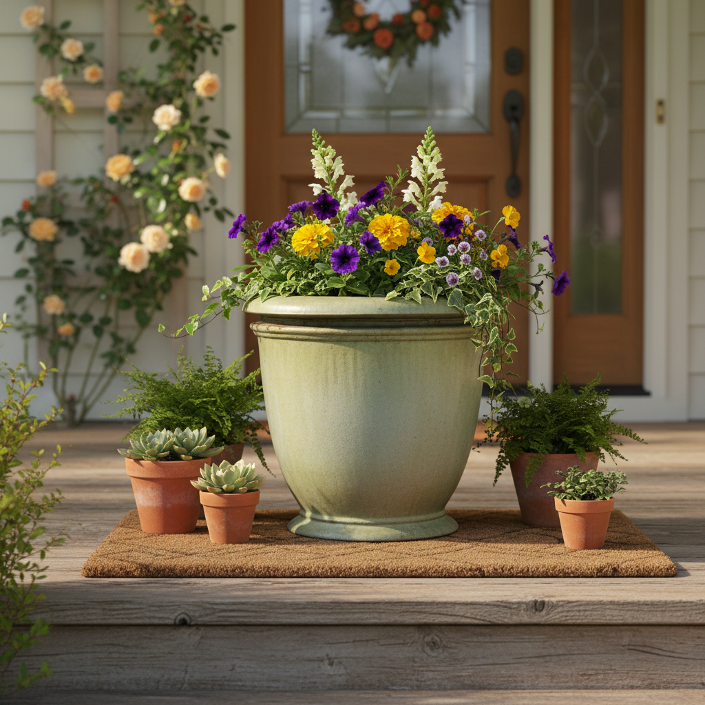 Decorative potted plant on a doormat in front of a house with flowers and a wreath.