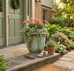 Decorative potted plants on a stone porch with a green door and garden in the background.