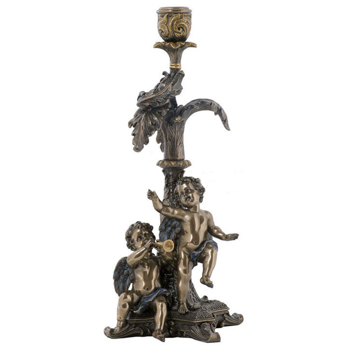 Cherubs Playing cold cast bronze candle holder with two cherub figures