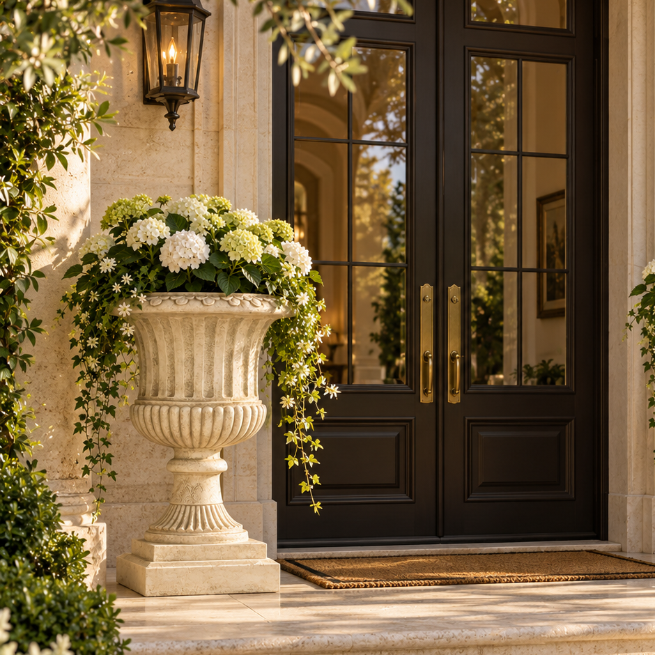 A large classical-style stone planter filled with white and green hydrangeas sits on a stone porch beside double black front doors with gold handles.