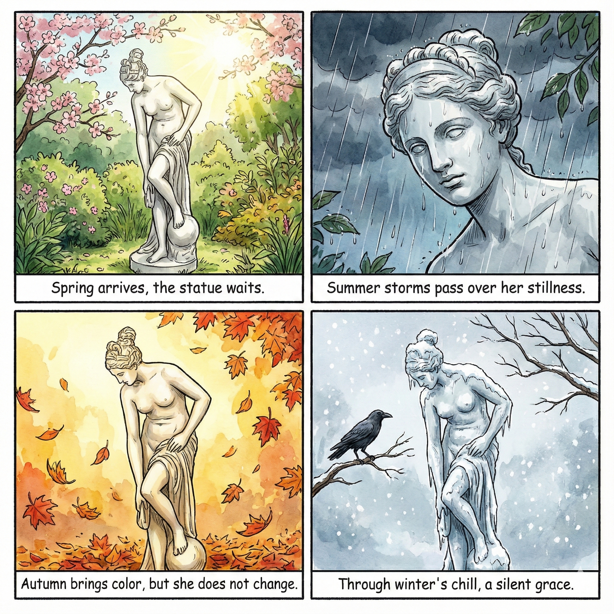 Venus At Bath 63H  Four-panel comic of a statue enduring