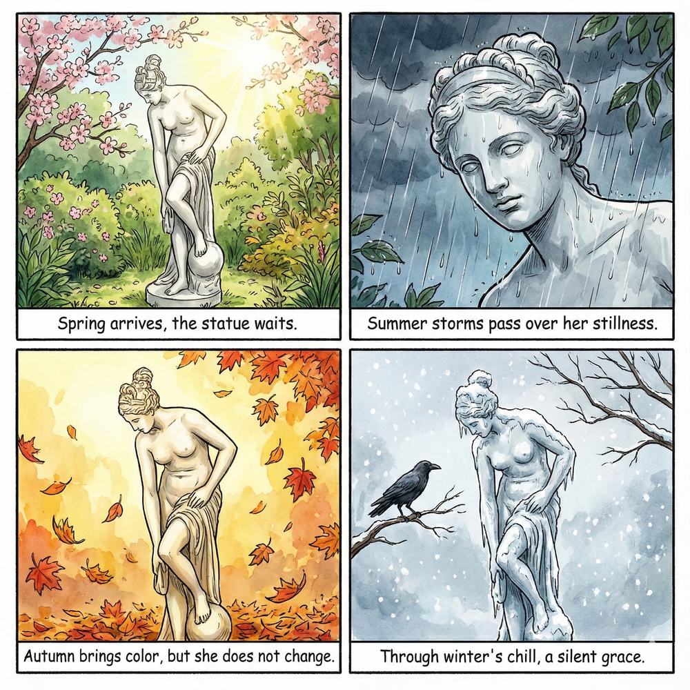 Venus At Bath 63H  Four-panel comic of a statue enduring