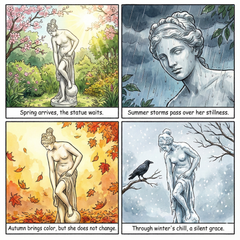Venus At Bath 63H  Four-panel comic of a statue enduring