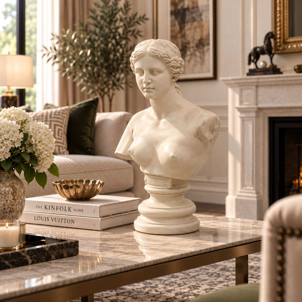A classical-style white marble female bust sculpture displayed on a marble coffee table in a luxurious living room setting with a fireplace, sofa, and decorative books.