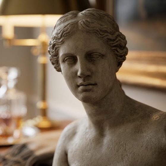 Statue of a woman on a table with a lamp and decorative items in the background