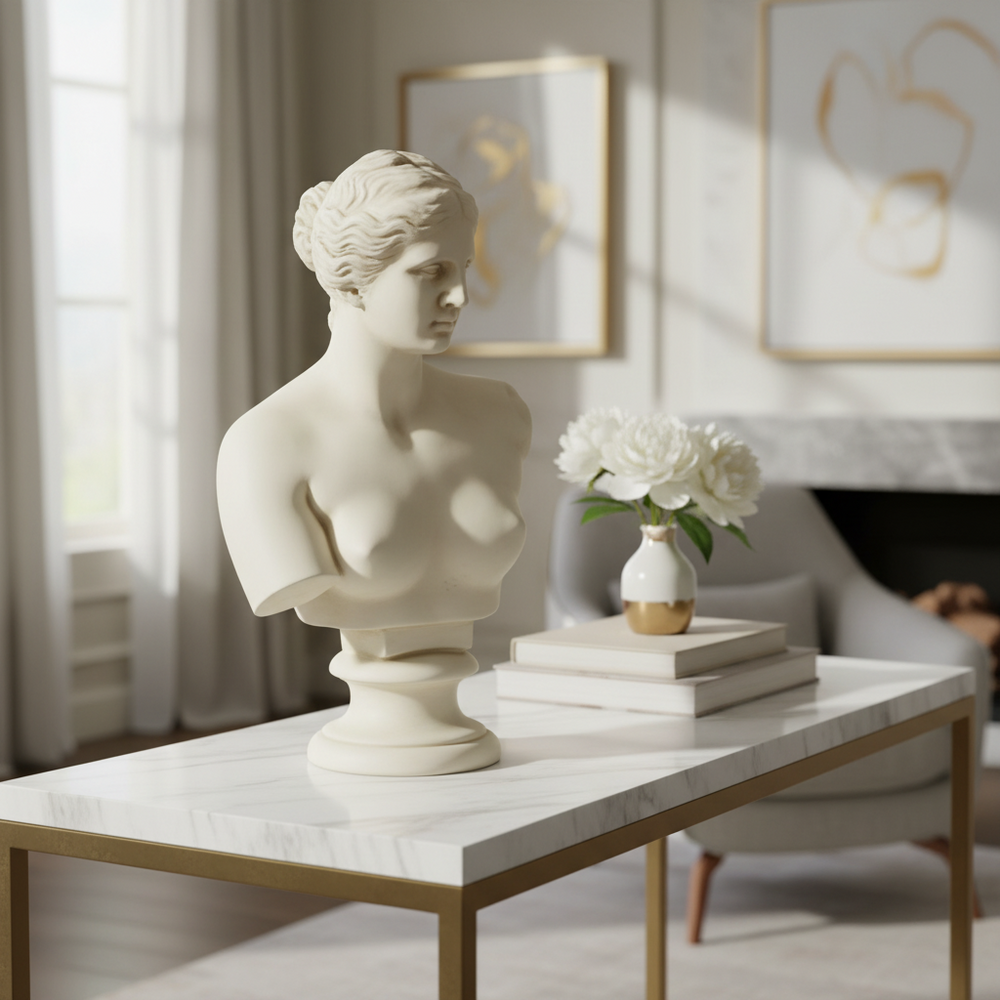 White marble bust on a marble table with books and flowers in a stylish  Venus_De_Milo_Bust_Small_13_Hroom.