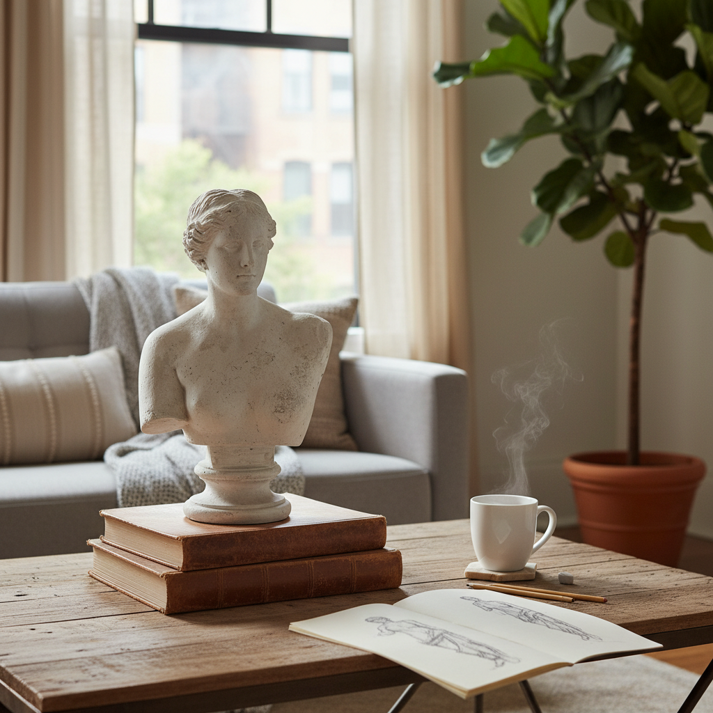 Statue on books with a cup and notebook on a wooden table in a cozy living room.