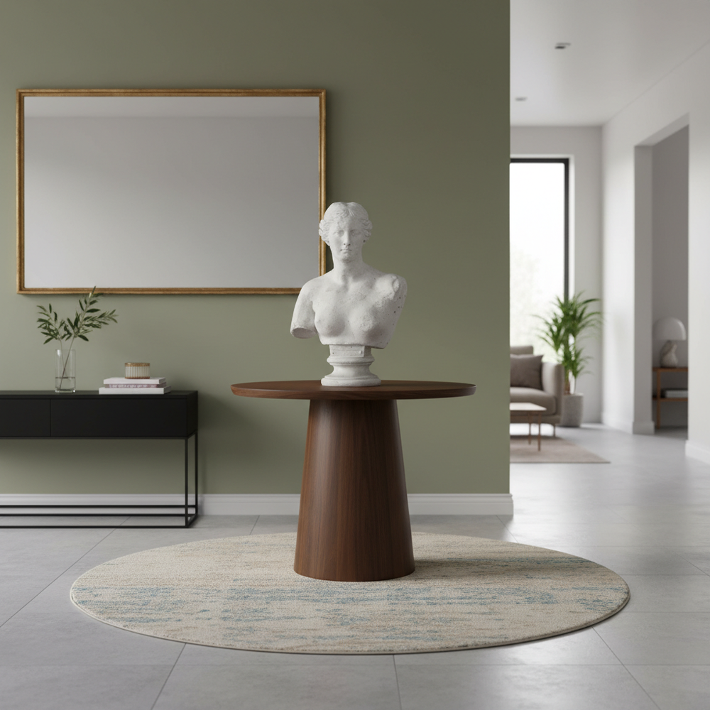 Bust on a wooden table in a modern living room with a large mirror and decor.