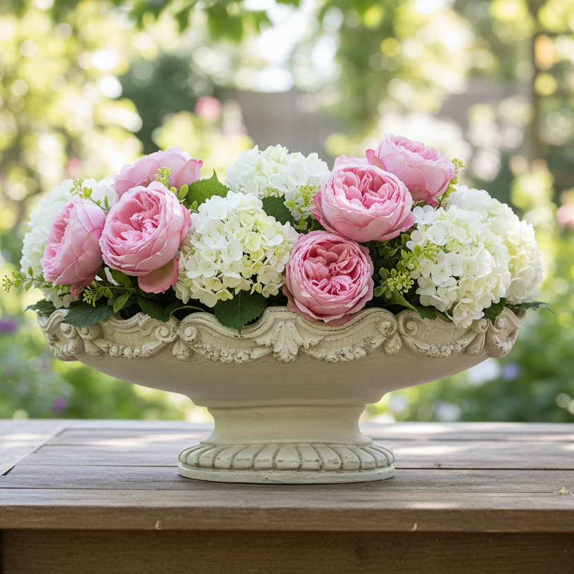 Floral arrangement in an ornate vase on a wooden table with a garden background