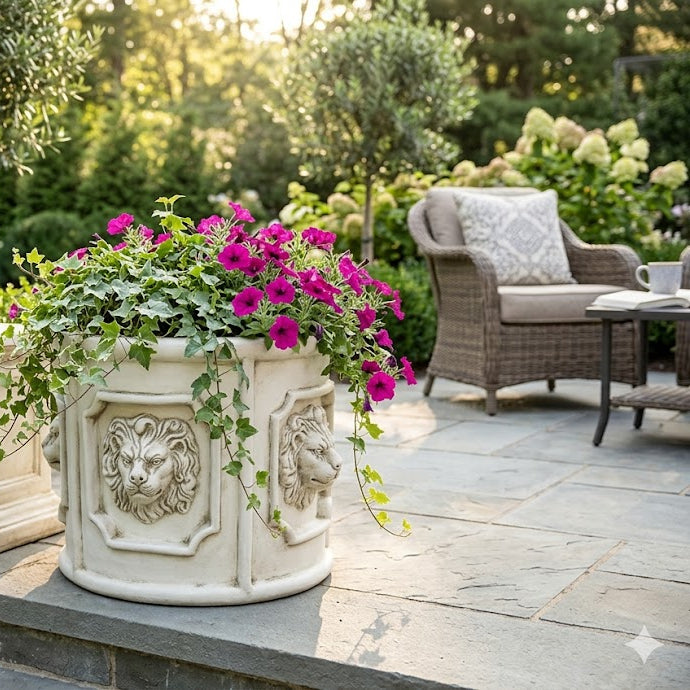 Decorative stone planter with flowers on a patio in a garden setting