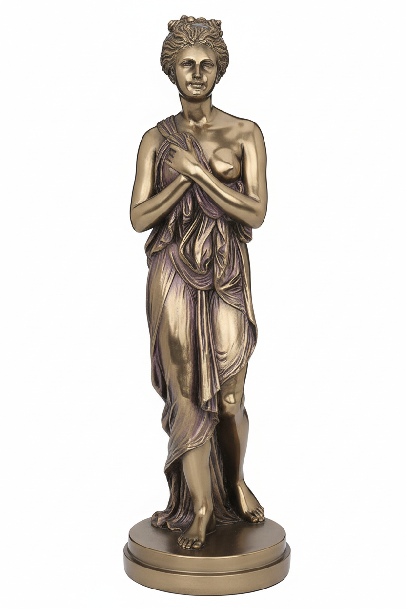Bronze statue of a classical figure on a white background