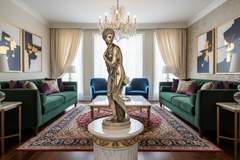 Luxurious living room with green sofas, a chandelier, and a statue on a pedestal.