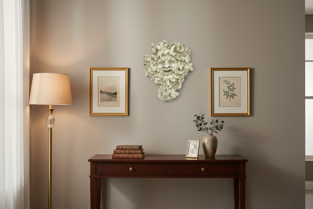 Decorative wall art above a wooden console table with framed pictures and a lamp.