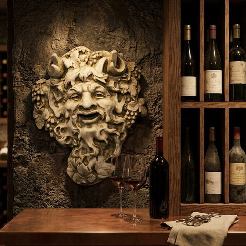 Wine cellar with decorative wall sculpture and wine bottles Wall Bacchus 10 Small Wall Plaque Sculpture