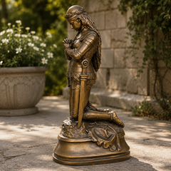 Bronze statue of a warrior on a stone pedestal with a garden background