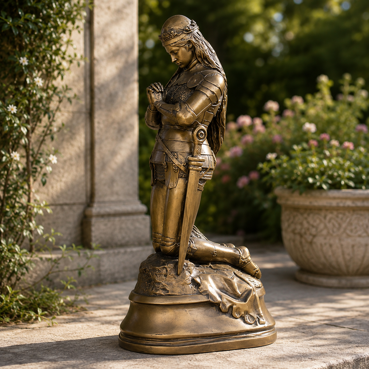 Bronze statue of a warrior holding a sword in an outdoor setting with plants and flowers.