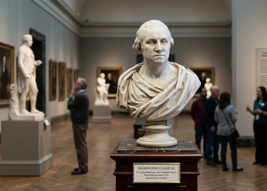 Bust of a classical figure in a museum with visitors in the background