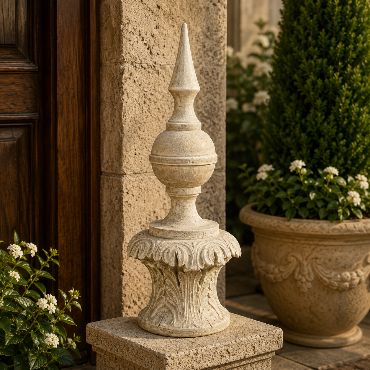 A decorative stone garden finial with a pointed top and ornate carved base, displayed outdoors on a stone pedestal beside a wooden door and potted plants.