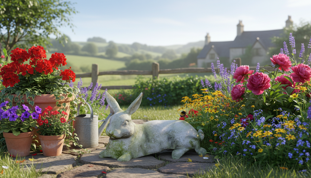 Whimsical Rabbit Garden Animal Statue – White Moss Finish