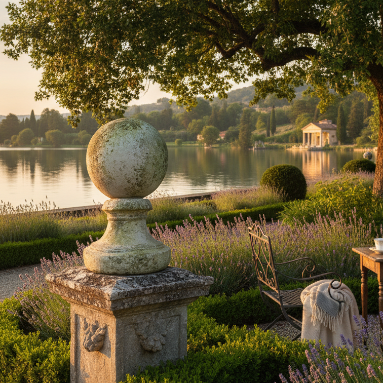 Garden scene with stone sphere, table, and chairs by a lake at sunset.