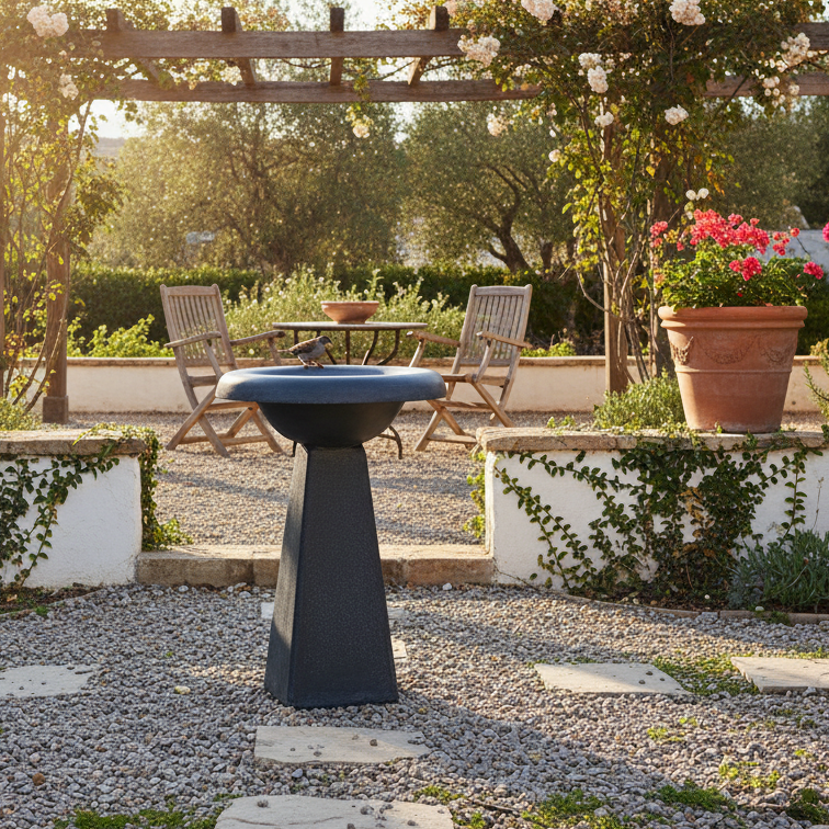 Outdoor garden setting with a birdbath, chairs, and potted plants.